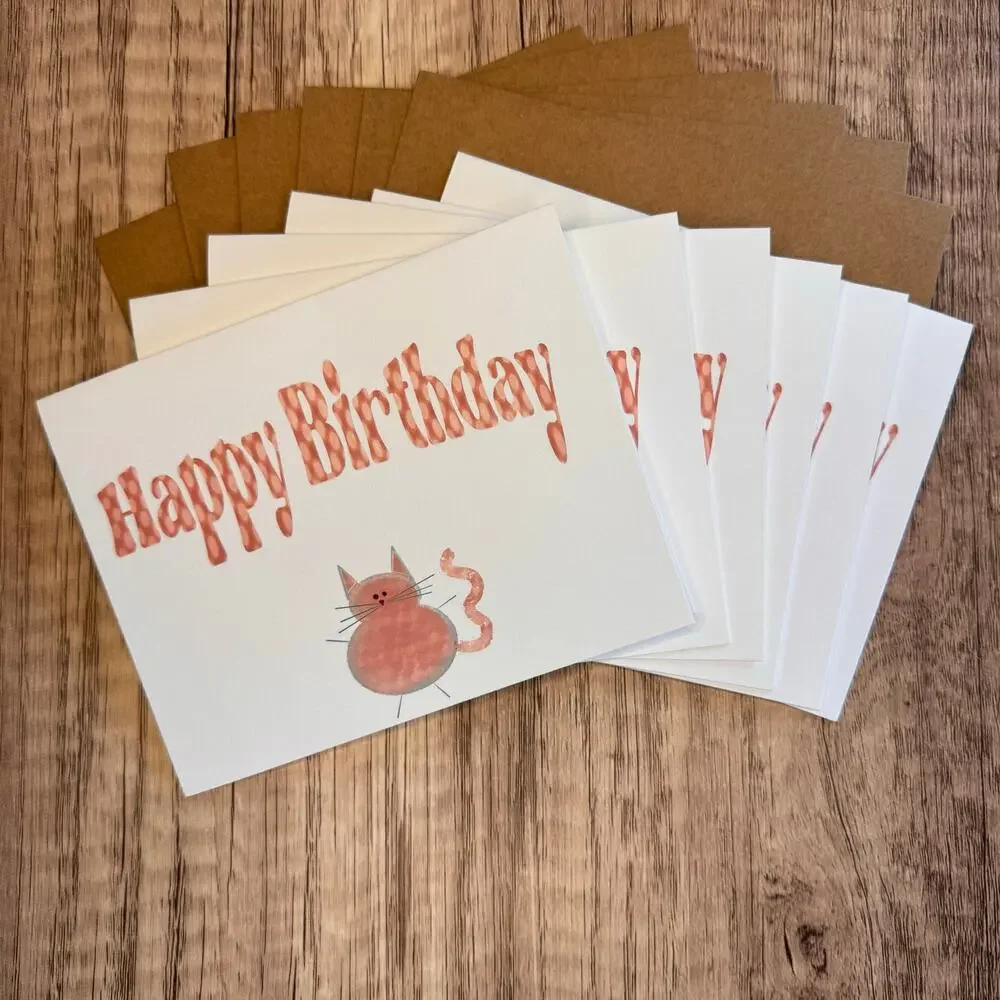 Greeting Cards Birthday Card Cat Lover Pink Kitty 6 w/Envelopes Custom Art NEW